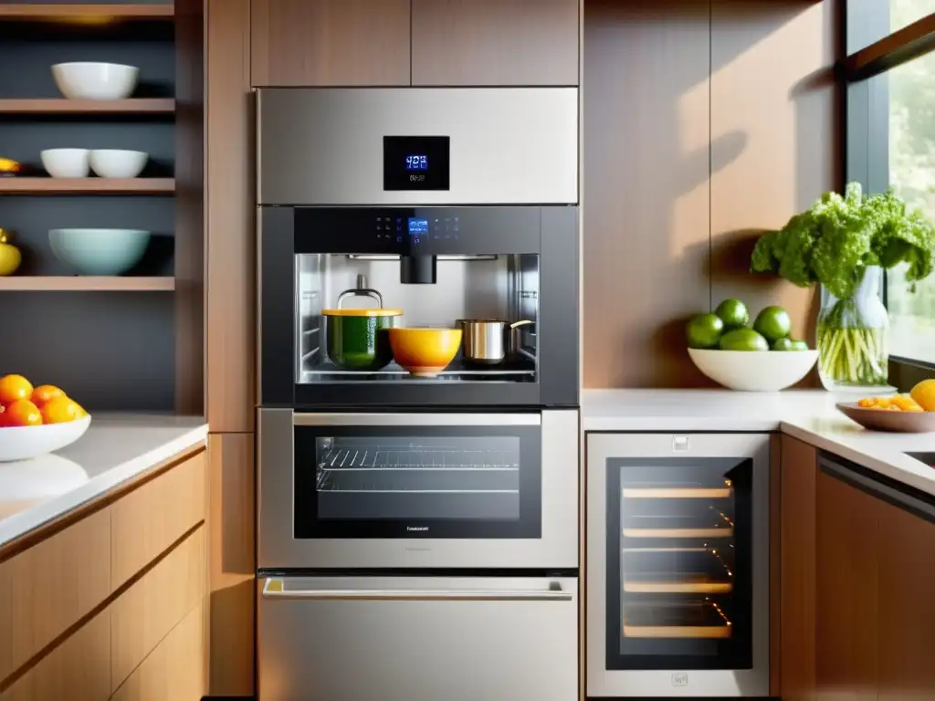 Cocina futurista con electrodomésticos inteligentes y cocina integrada Cocina moderna con electrodomésticos inteligentes y sistema de cocina integrado