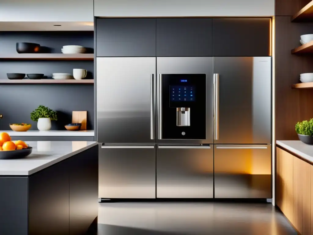 Cocina moderna con electrodomésticos inteligentes integrados Una cocina moderna con electrodomésticos inteligentes integrados, iluminación ambiental y diseño minimalista