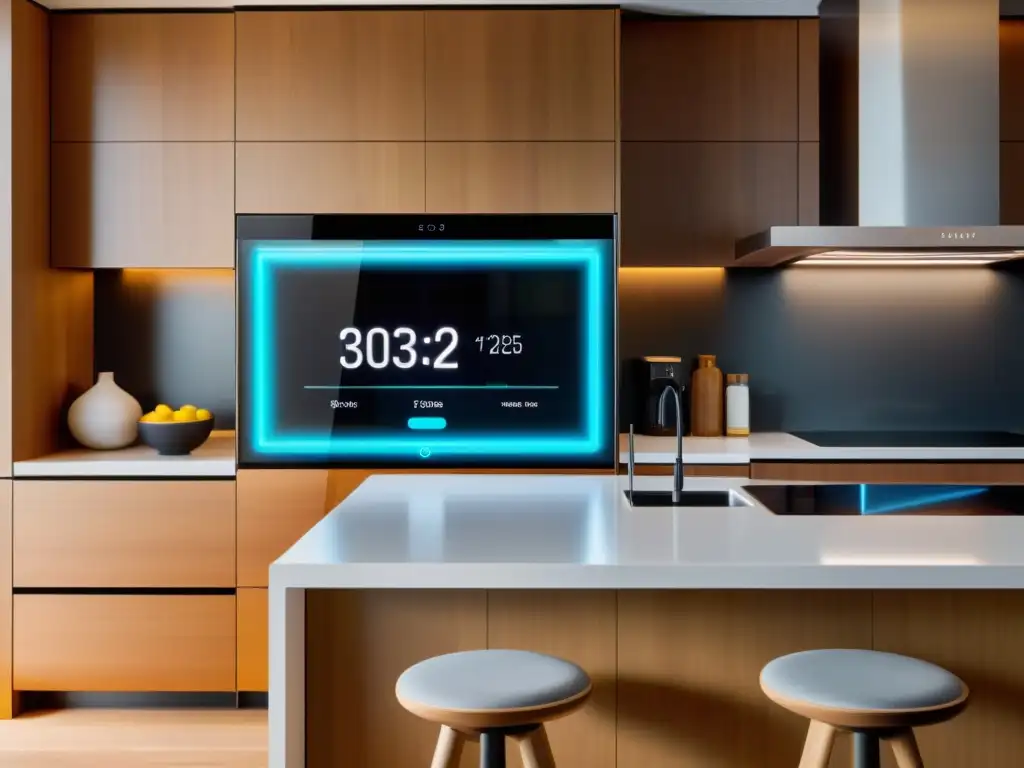 Una cocina moderna con electrodomésticos inteligentes integrados y una aplicación de realidad aumentada para la gestión del hogar