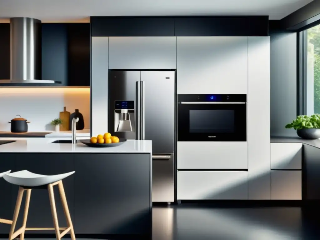 Cocina moderna de alta tecnología con electrodomésticos inteligentes Una cocina moderna con electrodomésticos inteligentes para cocinas del futuro, bañada en luz natural y diseño minimalista