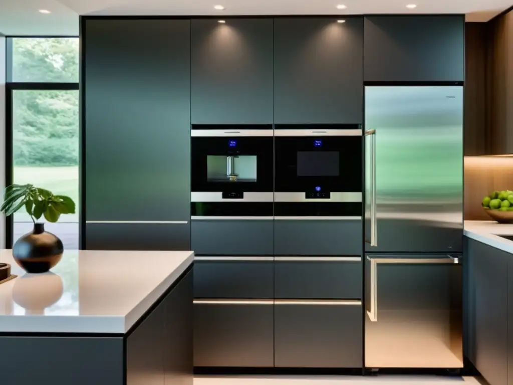 Cocina inteligente y moderna con electrodomésticos integrados Una cocina moderna con electrodomésticos inteligentes para el hogar, diseño minimalista, líneas limpias y toques de alta tecnología