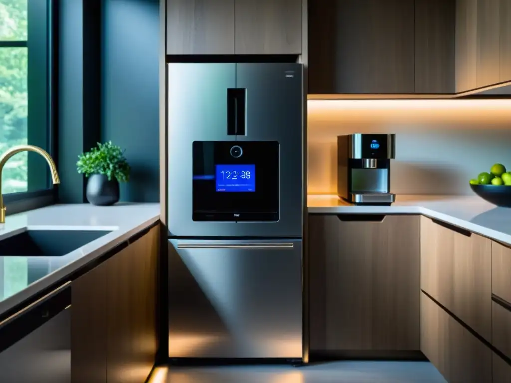 Una cocina moderna con electrodomésticos inteligentes y diseño futurista