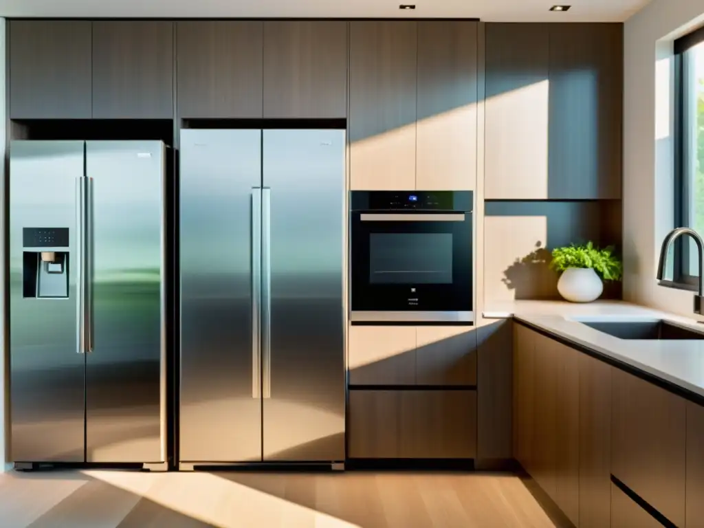 Cocina inteligente: integración de electrodomésticos y tecnología Una cocina moderna con electrodomésticos inteligentes integrados, mostrando la eficiencia de la tecnología en el hogar