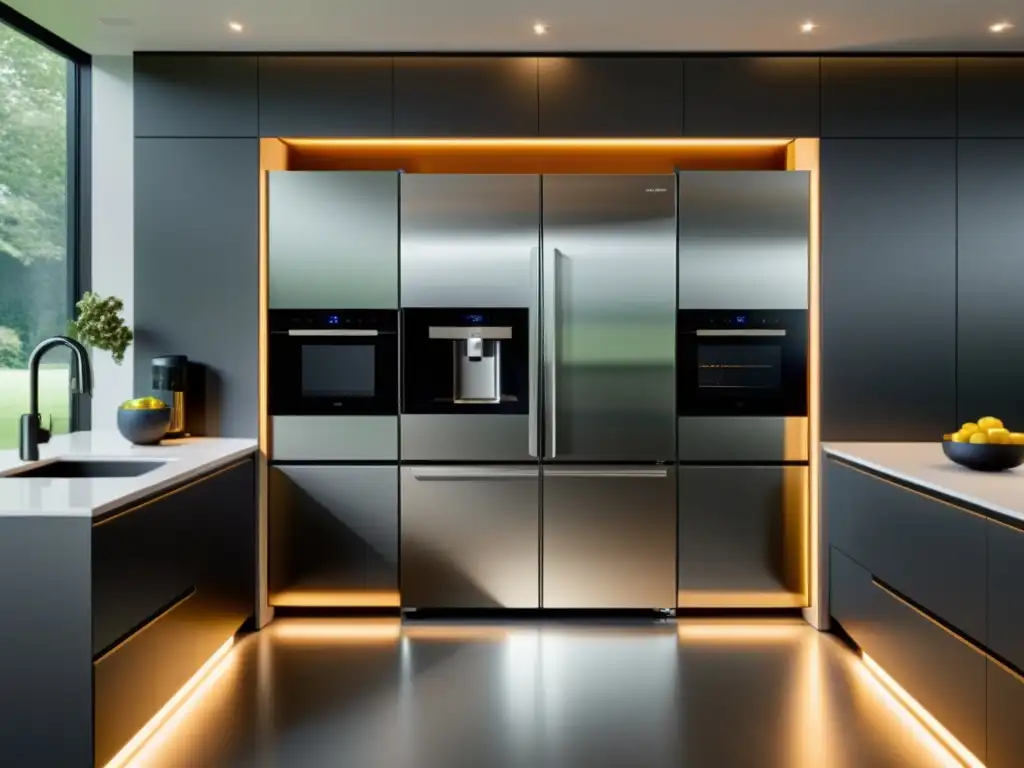 Cocina moderna con electrodomésticos inteligentes integrados Una cocina moderna con electrodomésticos inteligentes integrados, diseño minimalista, líneas limpias, tonos neutros y toques metálicos