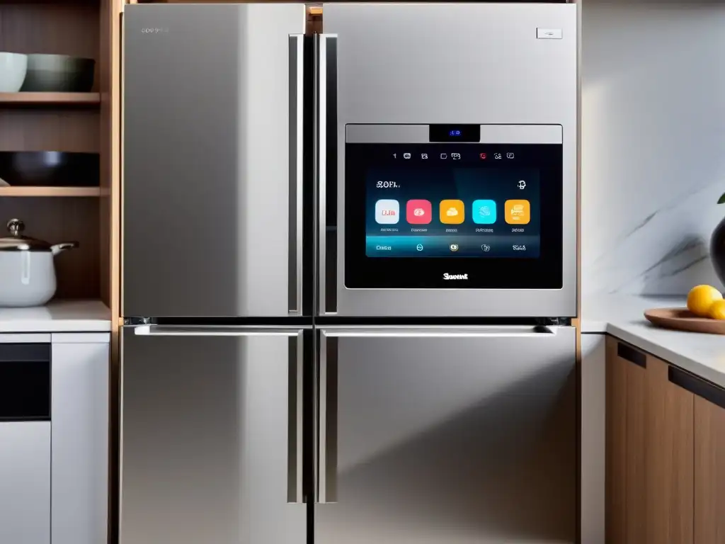 Cocina moderna: electrodomésticos inteligentes en diseño minimalista Una cocina moderna con electrodomésticos inteligentes integrados en un diseño minimalista, creando un ambiente cálido y acogedor