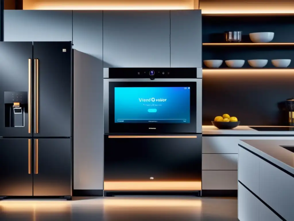 Cocina inteligente: asistente virtual en electrodomésticos modernos Una cocina moderna con electrodomésticos inteligentes, asistentes virtuales en electrodomésticos, y una familia interactuando en un ambiente futurista