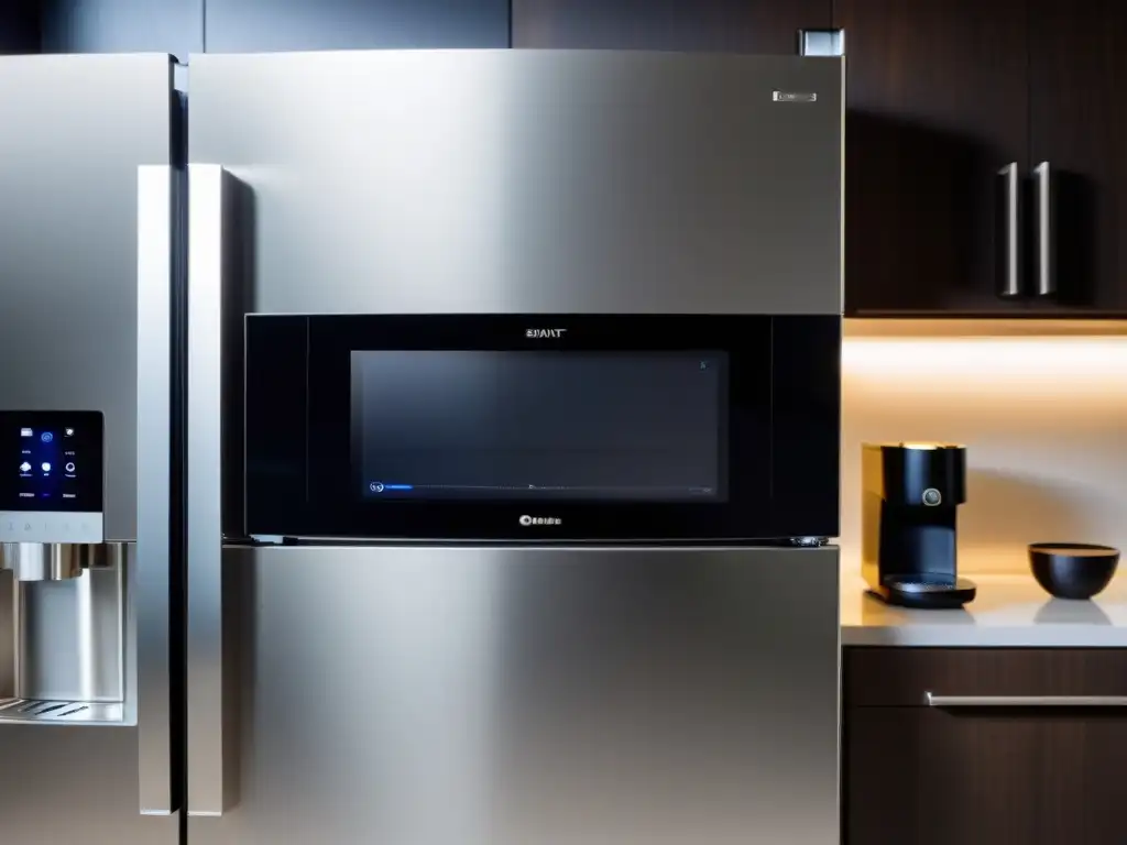Cocina futurista con electrodomésticos inteligentes Una cocina moderna con electrodomésticos interconectados, como un refrigerador inteligente, microondas con activación de voz y cafetera inteligente