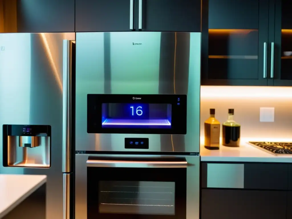 Cocina de alta tecnología con electrodomésticos inteligentes Una cocina moderna con electrodomésticos de interfaz por gestos y voz, integrados en un diseño minimalista y sofisticado