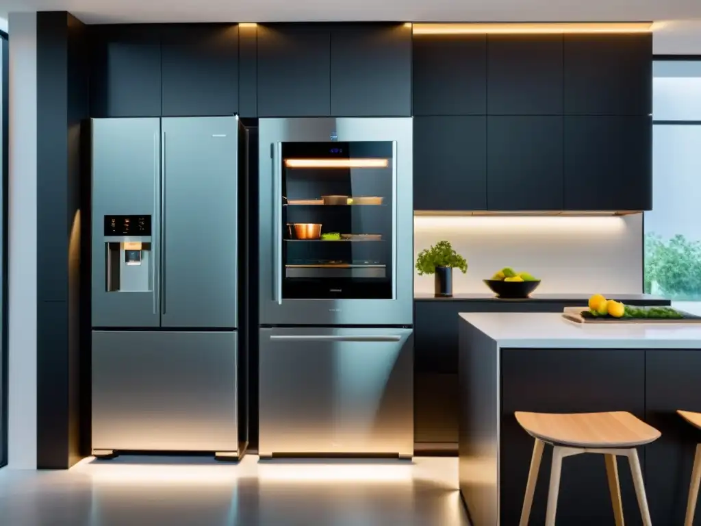 Cocina moderna con electrodomésticos inteligentes de vanguardia Una cocina moderna con electrodomésticos multifuncionales conectados, diseño futurista y ambiente acogedor