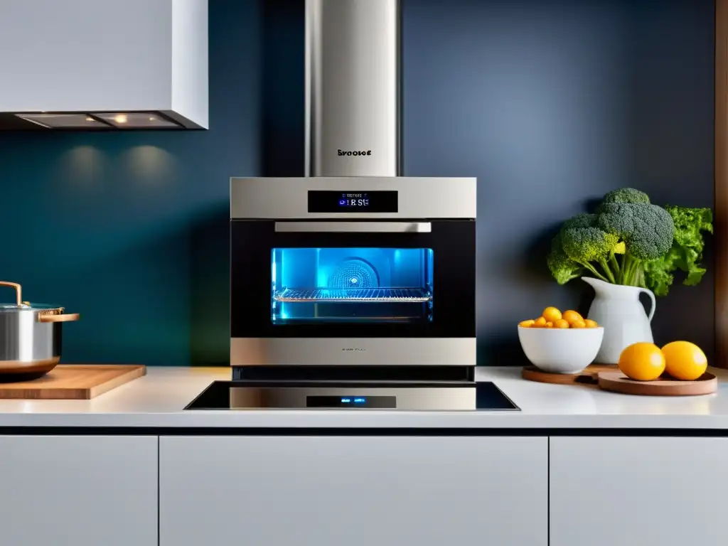 Cocina futurista con electrodomésticos inteligentes y pantalla táctil Una cocina moderna con electrodomésticos multifuncionales y apps de recetas, integrados en la encimera con pantallas táctiles vibrantes