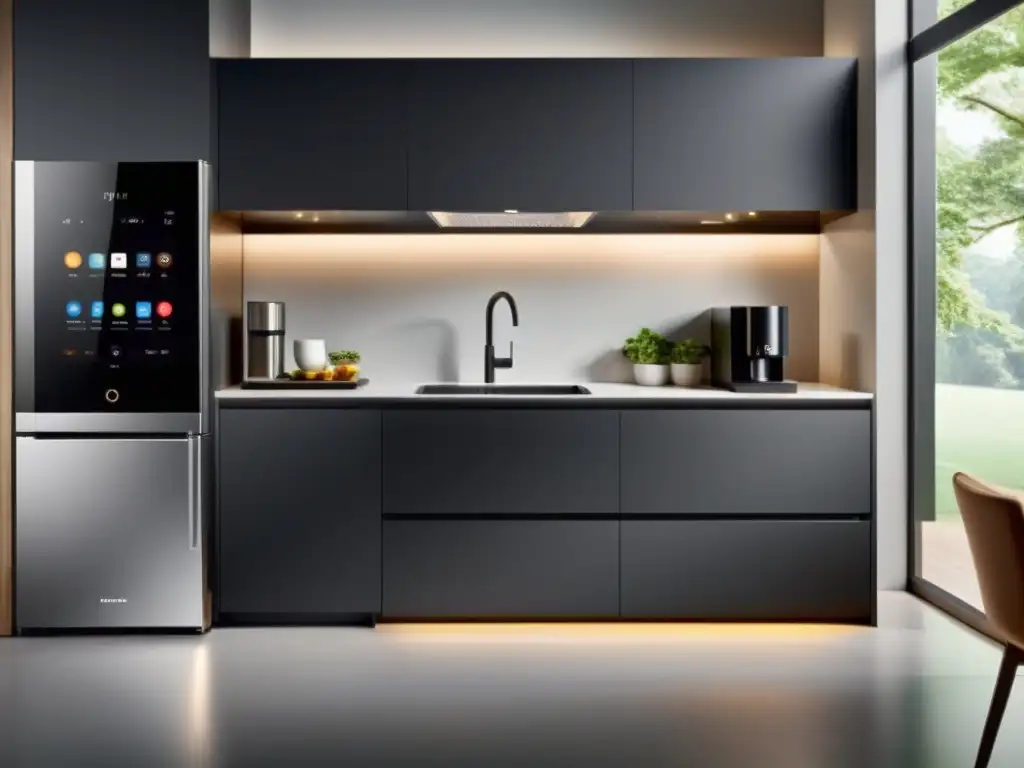 Smart Kitchen: Diseño minimalista con electrodomésticos conectados Una cocina moderna con electrodomésticos multifuncionales conectados, diseño minimalista y ambiente sofisticado