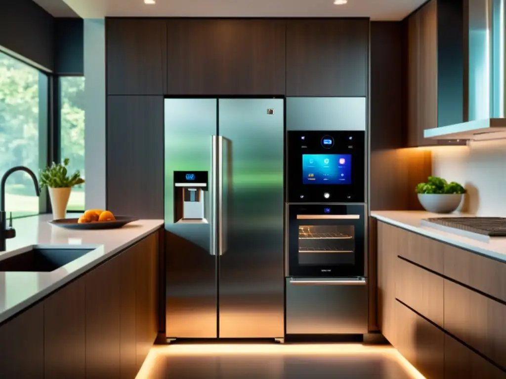 Cocina moderna con electrodomésticos inteligentes y luz natural Una cocina moderna con electrodomésticos multifuncionales conectados, iluminada por luz natural