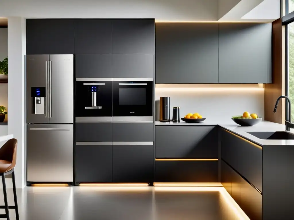 Cocina moderna con electrodomésticos inteligentes y diseño minimalista Una cocina moderna con electrodomésticos multifuncionales conectados, diseño minimalista y ambiente acogedor