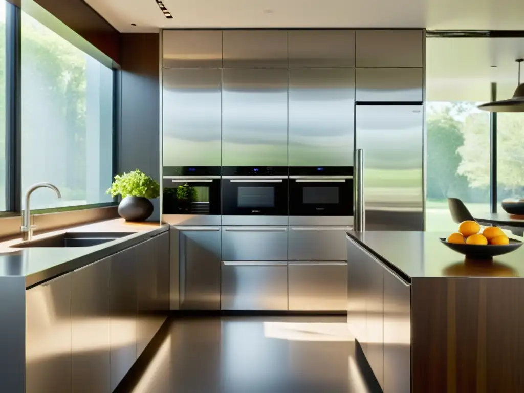 Una cocina moderna con electrodomésticos multifuncionales en acero inoxidable, resaltando los beneficios electrodomésticos multifuncionales