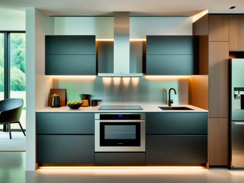Cocina moderna con electrodomésticos de acero inoxidable Una cocina moderna con electrodomésticos multifuncionales de consumo energético, ambiente sofisticado y eficiente con iluminación cálida