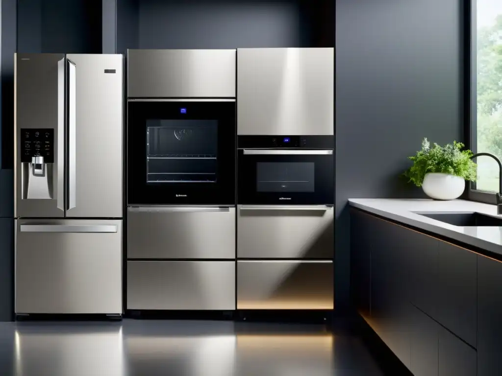 Cocina futurista con electrodomésticos de alta tecnología Una cocina moderna con electrodomésticos multifuncionales de consumo energético, destacando el diseño futurista y la tecnología avanzada