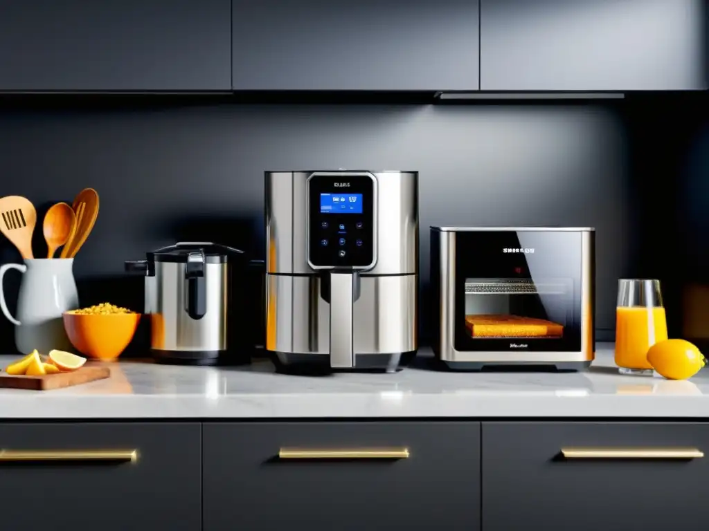 Electrodomésticos de cocina de última generación en un elegante diseño Una cocina moderna con electrodomésticos multifuncionales para cocina inteligente en acero inoxidable pulido, iluminada con elegancia