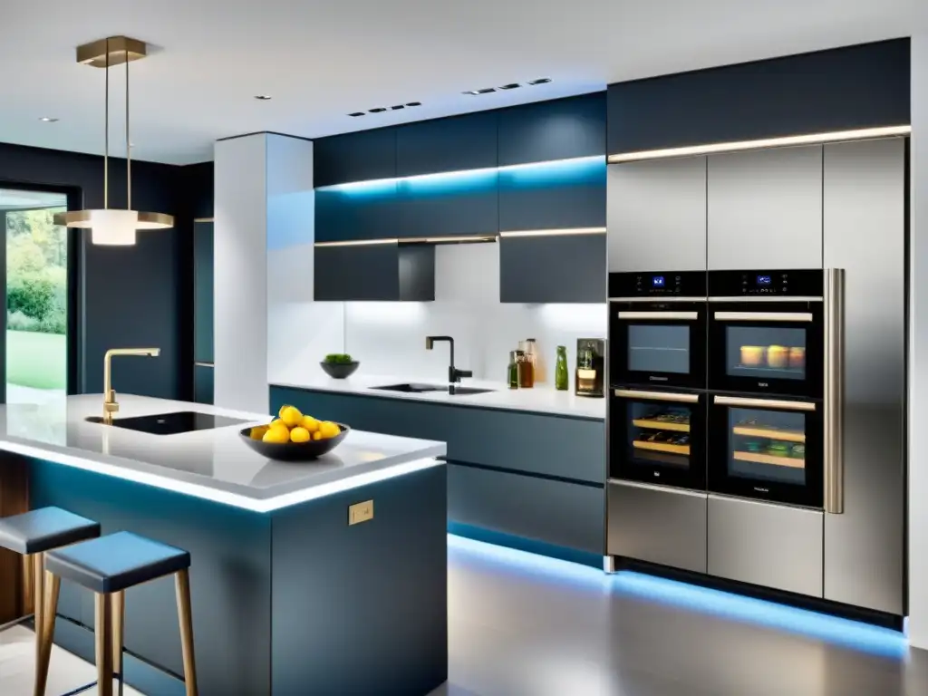 Cocina moderna con electrodomésticos multifuncionales integrados Una cocina moderna con electrodomésticos multifuncionales para cocina inteligente, integrados en un diseño elegante y contemporáneo