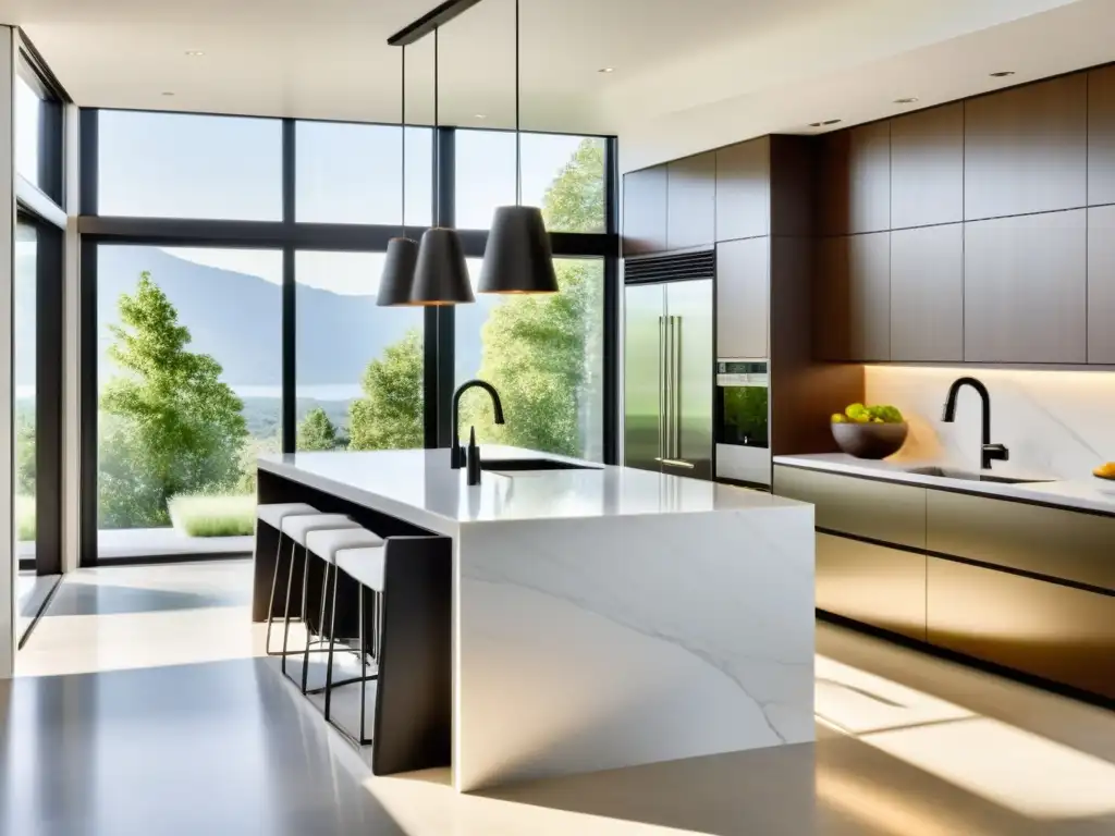 Cocina moderna de lujo con electrodomésticos de acero inoxidable y acabados minimalistas Una cocina moderna con electrodomésticos prácticos con estilo, encimeras de mármol y una elegante iluminación