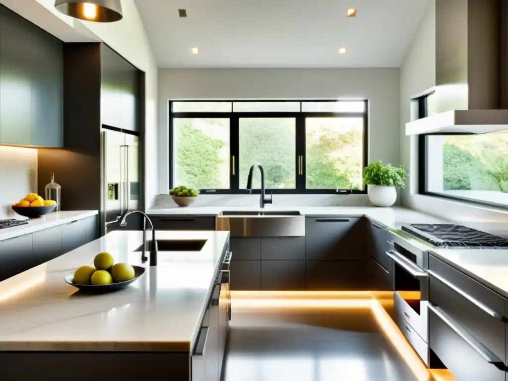 Cocina moderna: elegancia y practicidad en mármol y acero 'Una cocina moderna con electrodomésticos prácticos con estilo, encimera de mármol y luz natural que crea un ambiente acogedor y sereno