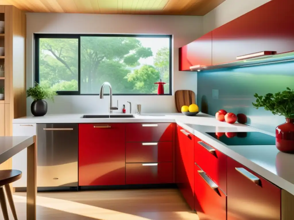 Cocina moderna con refrigerador retro rojo como punto focal Una cocina moderna con electrodomésticos retro para el hogar: nevera roja vibrante como punto focal, luz matutina iluminando la escena