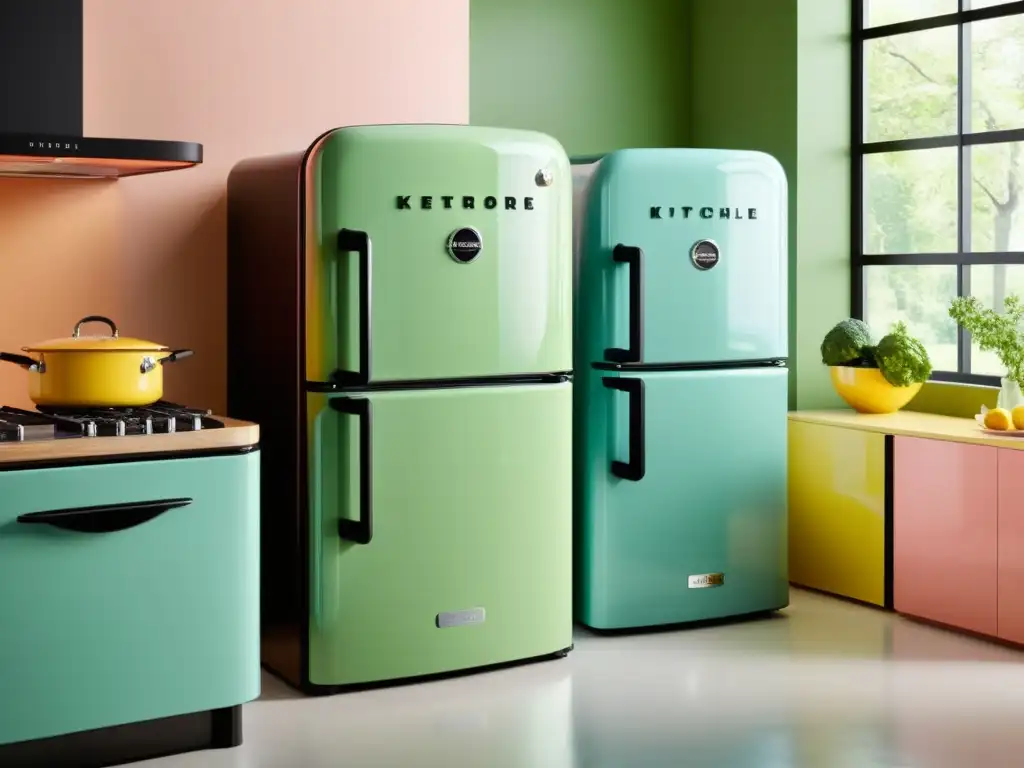 Cocina moderna con refrigerador retro negro como punto focal Una cocina moderna con electrodomésticos retro para el hogar, incluyendo una nevera negra de estilo retro como punto focal, rodeada de electrodomésticos y utensilios en tonos pastel vibrantes
