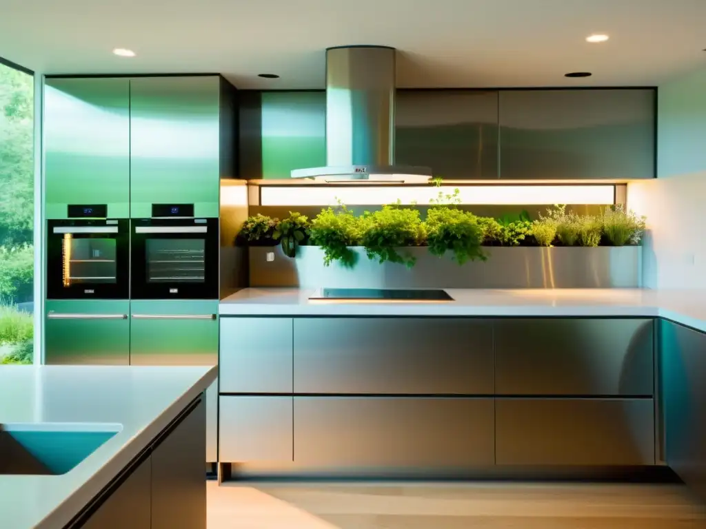 Una cocina moderna con electrodomésticos sostenibles compra responsable, iluminación LED y encimeras ecofriendly