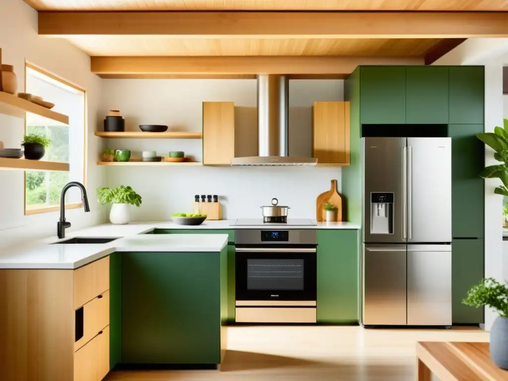 Una cocina moderna con electrodomésticos sostenibles compra responsable y un diseño ecoamigable, iluminada por luz natural