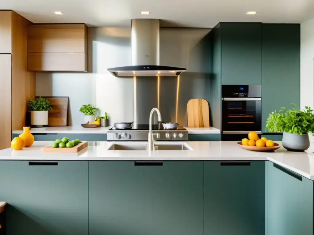 Una cocina moderna con electrodomésticos sostenibles y compra responsable, iluminación LED y toques verdes de plantas
