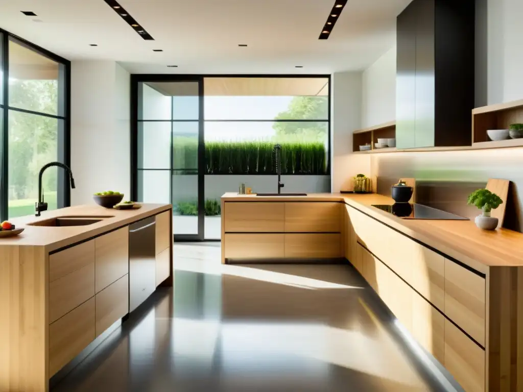 Cocina moderna: electrodomésticos energéticamente eficientes y elegantes Una cocina moderna con electrodomésticos sustentables y elegantes, rodeados de encimeras de bambú
