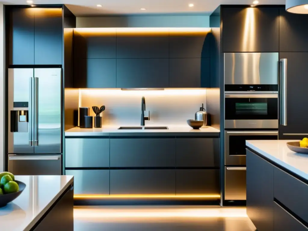 Cocina moderna con electrodomésticos de alta tecnología Una cocina moderna con electrodomésticos de tecnología avanzada y costos ocultos en el hogar, iluminada con luz ambiental suave