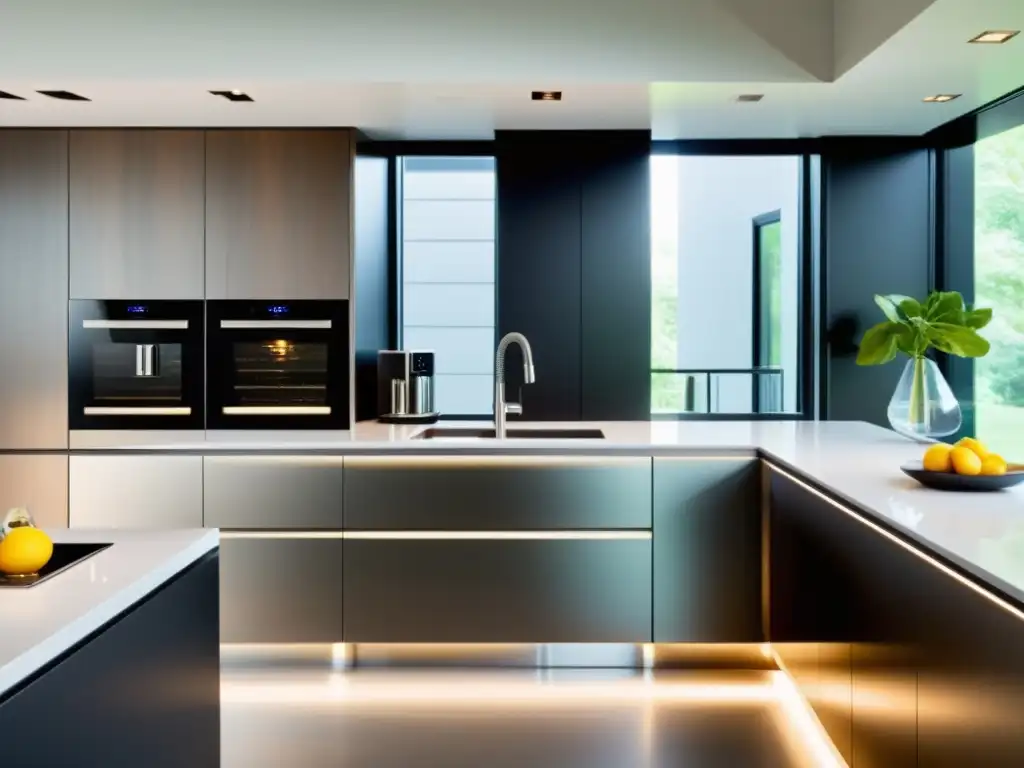 Cocina moderna y ecológica: electrodomésticos de alta tecnología integrados Una cocina moderna con electrodomésticos tecnológicos ecoamigables potentes integrados en el diseño, iluminada con elegancia y sofisticación