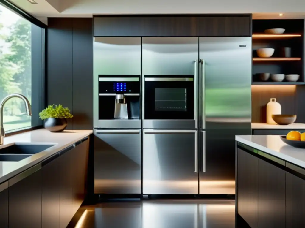 Moderna cocina ecoamigable con electrodomésticos de última generación Una cocina moderna con electrodomésticos tecnológicos ecoamigables potentes, decoración minimalista y ventanas grandes que dejan entrar luz natural