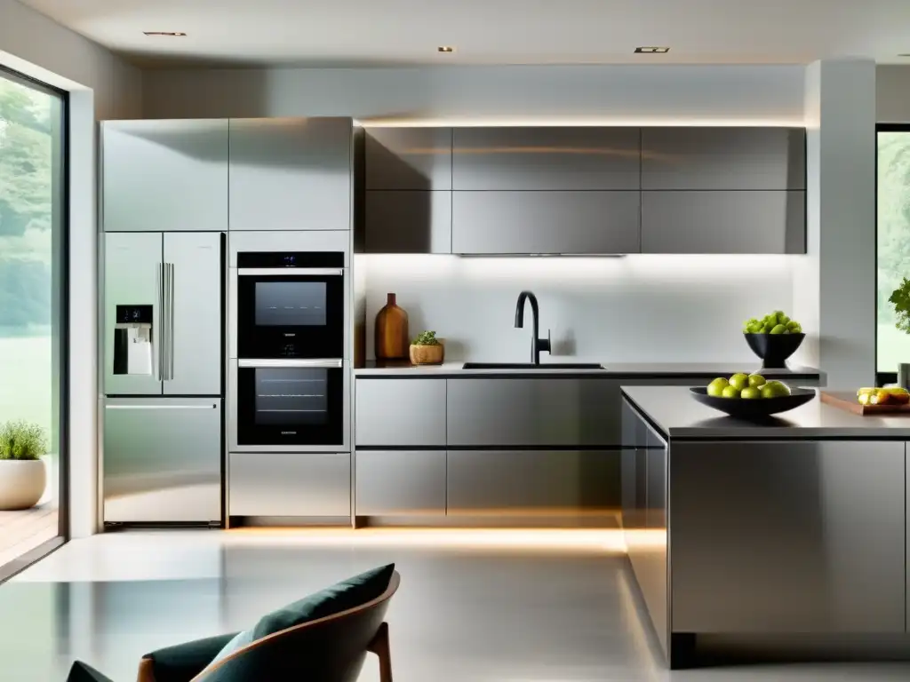 Cocina moderna con electrodomésticos ecofriendly Una cocina moderna con electrodomésticos tecnológicos ecoamigables potentes en acabado de acero inoxidable