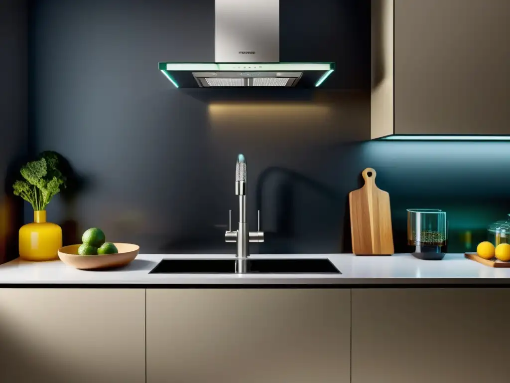 Una cocina moderna con electrodomésticos tradicionales obsoletos contrastando con un solo electrodoméstico multifuncional iluminado, destacando los beneficios de los electrodomésticos multifuncionales