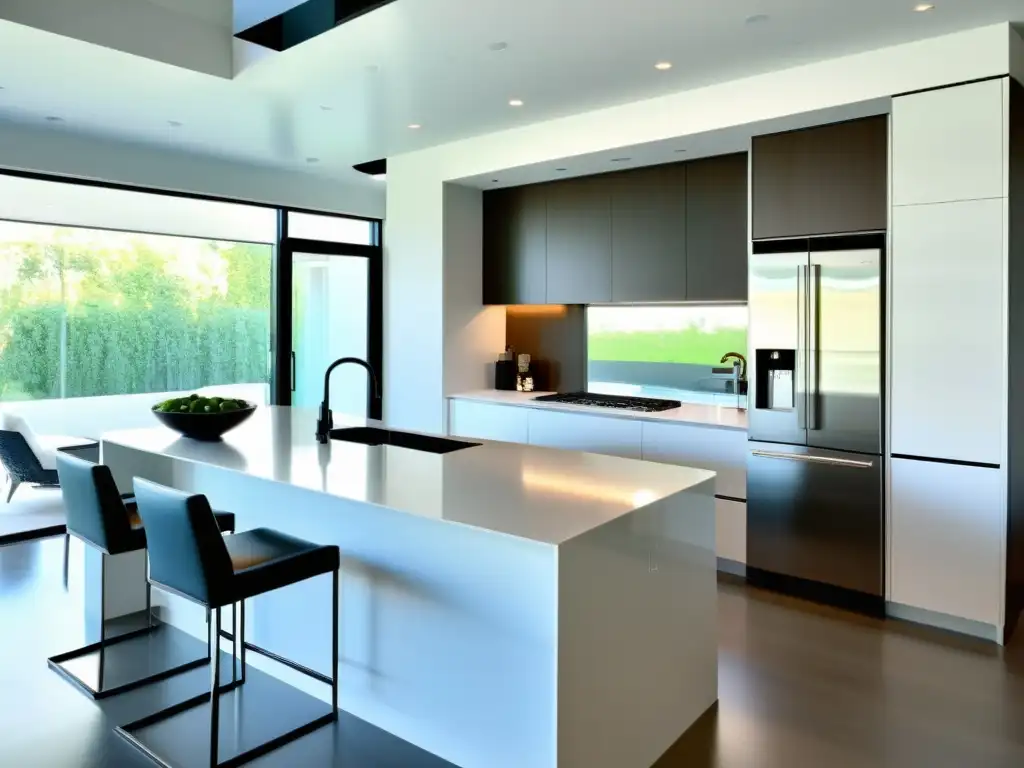 Cocina moderna de lujo con isla y luz natural Cocina moderna con electrodomésticos de vanguardia para cocinas de ensueño, isla con encimera de cascada y diseño minimalista en blanco