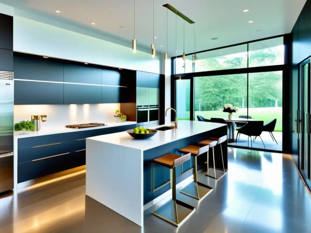 Moderna cocina minimalista con electrodomésticos de acero inoxidable Cocina moderna con electrodomésticos de vanguardia, encimeras de cuarzo y diseño minimalista