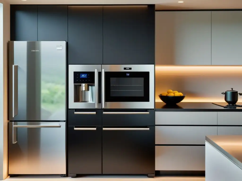Cocina futurista con electrodomésticos inteligentes y diseño minimalista Una cocina moderna con electrodomésticos de vanguardia y reconocimiento de voz integrado, creando un ambiente futurista y acogedor
