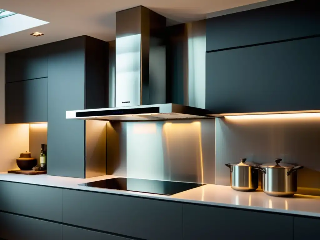 Extractor de Acero Inoxidable: Elegancia y Potencia en la Cocina Una cocina moderna y elegante con una campana extractora potente y silenciosa integrada sobre la estufa, iluminación LED suave
