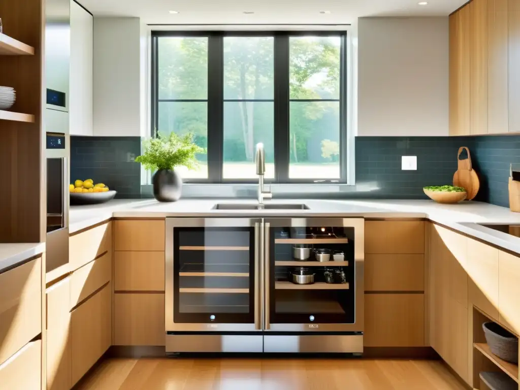 Una cocina moderna y elegante con electrodomésticos de acero inoxidable y un centro de reciclaje integrado
