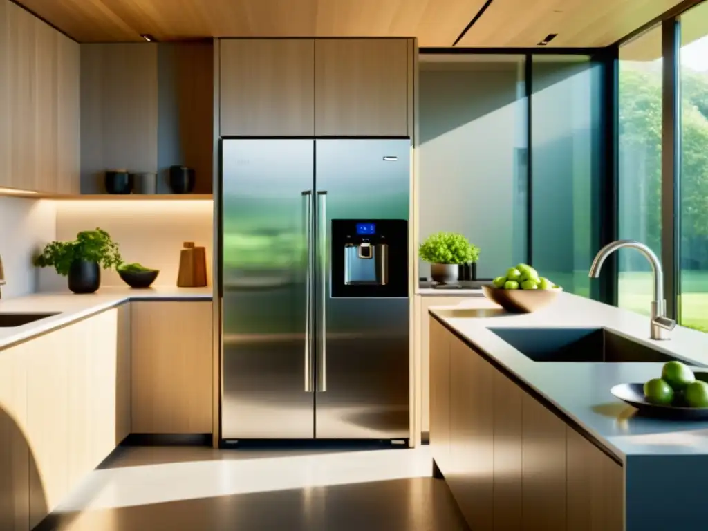 Cocina moderna y sostenible con electrodomésticos eficientes Una cocina moderna y elegante con electrodomésticos de eficiencia energética y etiquetas ecológicas, iluminada por luz natural