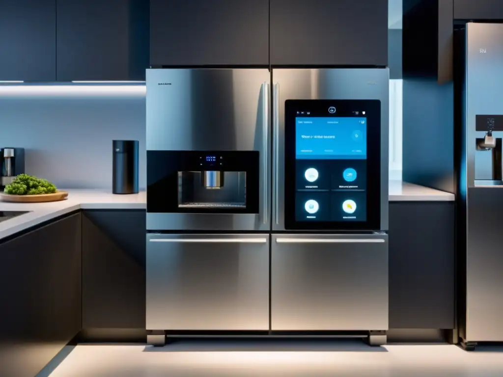 Cocina inteligente: Integración de IA para un hogar eficiente Una cocina moderna y elegante con electrodomésticos de inteligencia artificial integrada, mostrando conveniencia y eficiencia