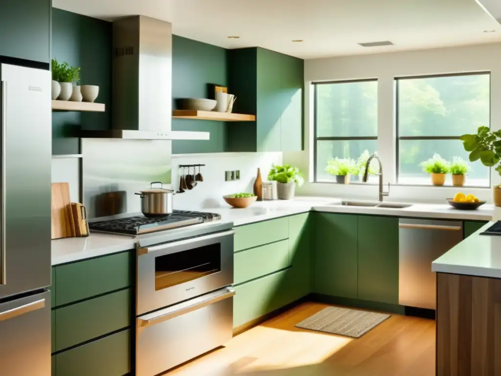 Cocina moderna y sostenible con electrodomésticos de acero inoxidable Una cocina moderna y elegante con electrodomésticos sustentables de acero inoxidable, energéticamente eficientes y con etiquetas de energía verde