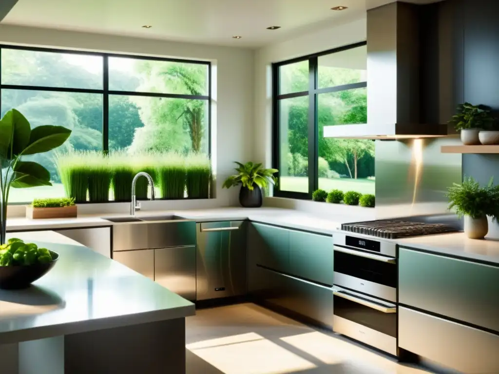 Cocina moderna y ecológica con electrodomésticos eficientes Una cocina moderna y elegante con electrodomésticos de acero inoxidable de bajo consumo rodeada de plantas verdes y luz natural