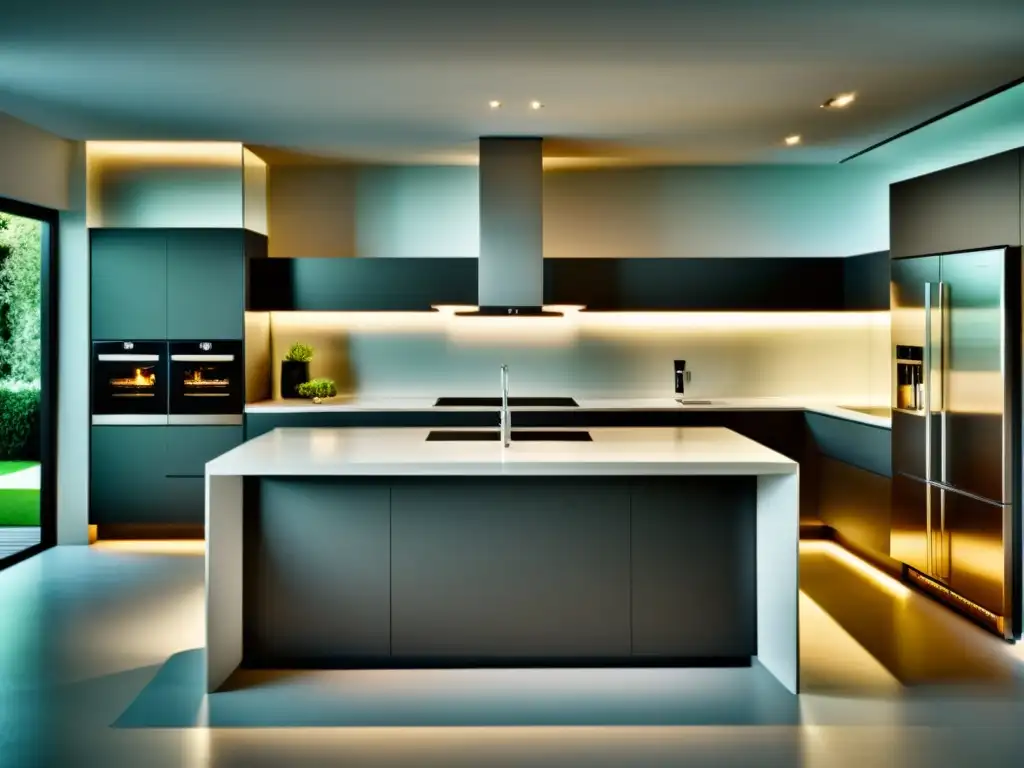 Cocina moderna con electrodomésticos integrados en esquema monocromático Una cocina moderna y elegante con electrodomésticos integrados en un esquema de color monocromático