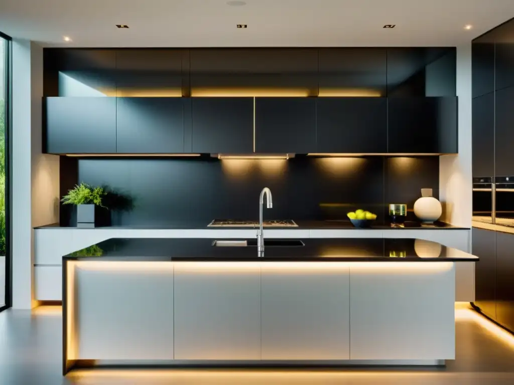 Cocina moderna de acero inoxidable y mármol negro Una cocina moderna y elegante con electrodomésticos de acero inoxidable y diseño minimalista, que exuda sinergia entre moda y funcionalidad