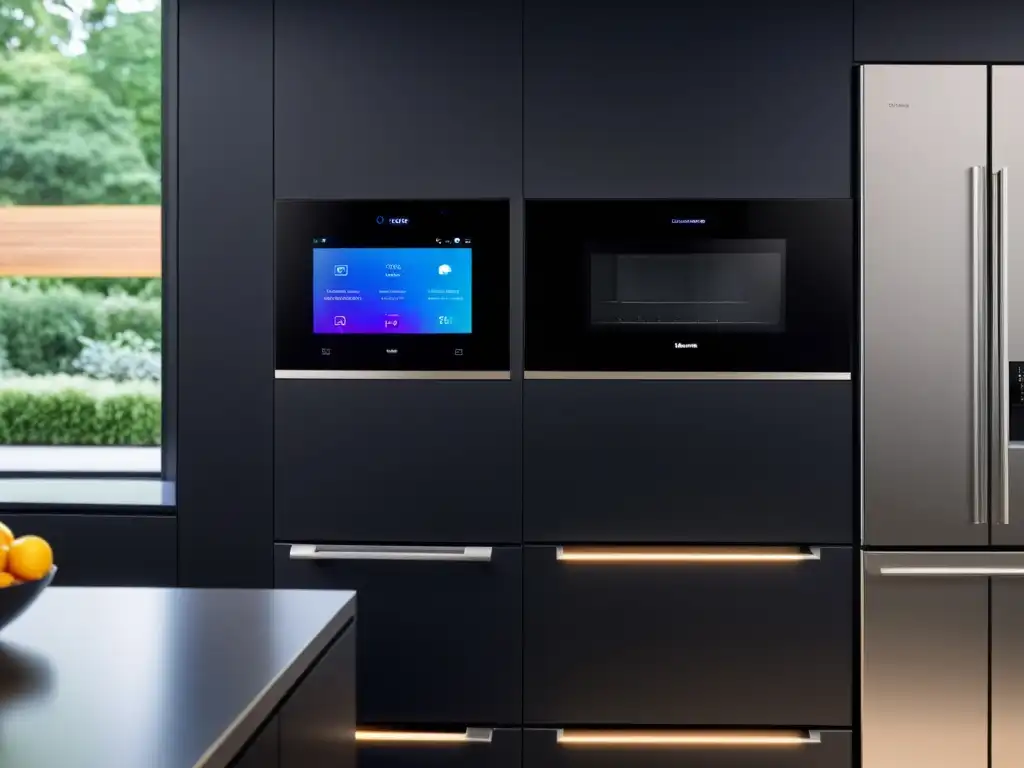 Cocina inteligente: diseño sofisticado con electrodomésticos integrados Una cocina moderna y elegante con electrodomésticos compatibles con domótica integrados, creando un ambiente cálido y sofisticado