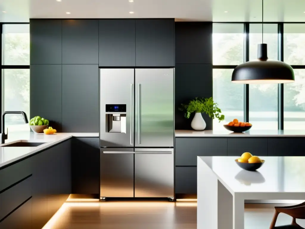 Cocina moderna con electrodomésticos inteligentes y diseño minimalista Una cocina moderna y elegante con electrodomésticos inteligentes integrados