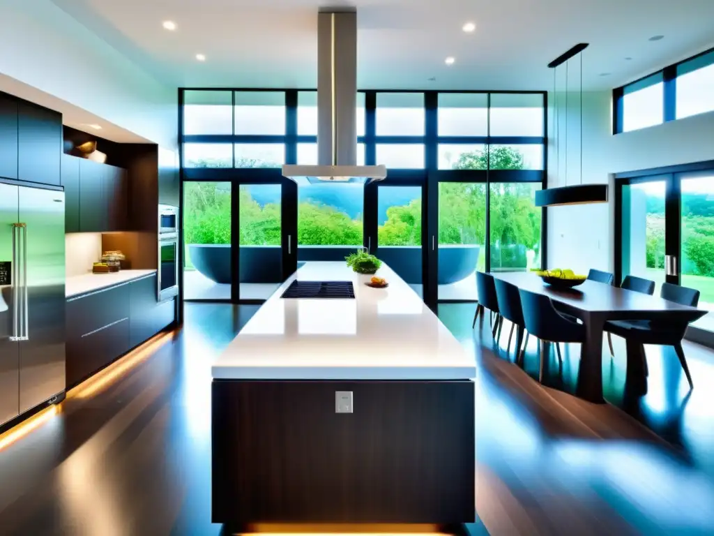 Cocina de lujo minimalista con electrodomésticos de alta tecnología Una cocina moderna y elegante con electrodomésticos multifuncionales y apps de recetas, bañada en luz natural y con líneas limpias