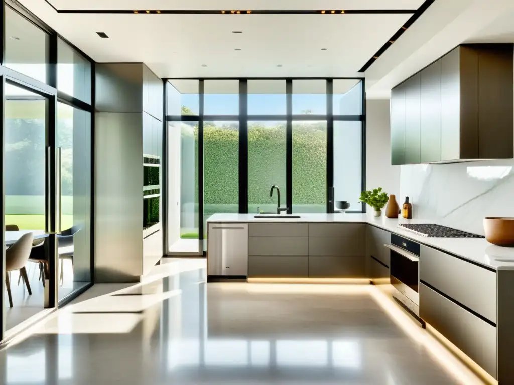 Cocina moderna con electrodomésticos de acero inoxidable y encimeras de mármol, bañada en luz natural Una cocina moderna y elegante con electrodomésticos de acero inoxidable y encimeras de mármol, bañada por luz natural